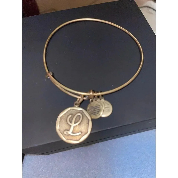 - Alex and Ani Initial "L" Expandable Wire Bangle with  Rafaelian Gold finish - Picture 2 of 8